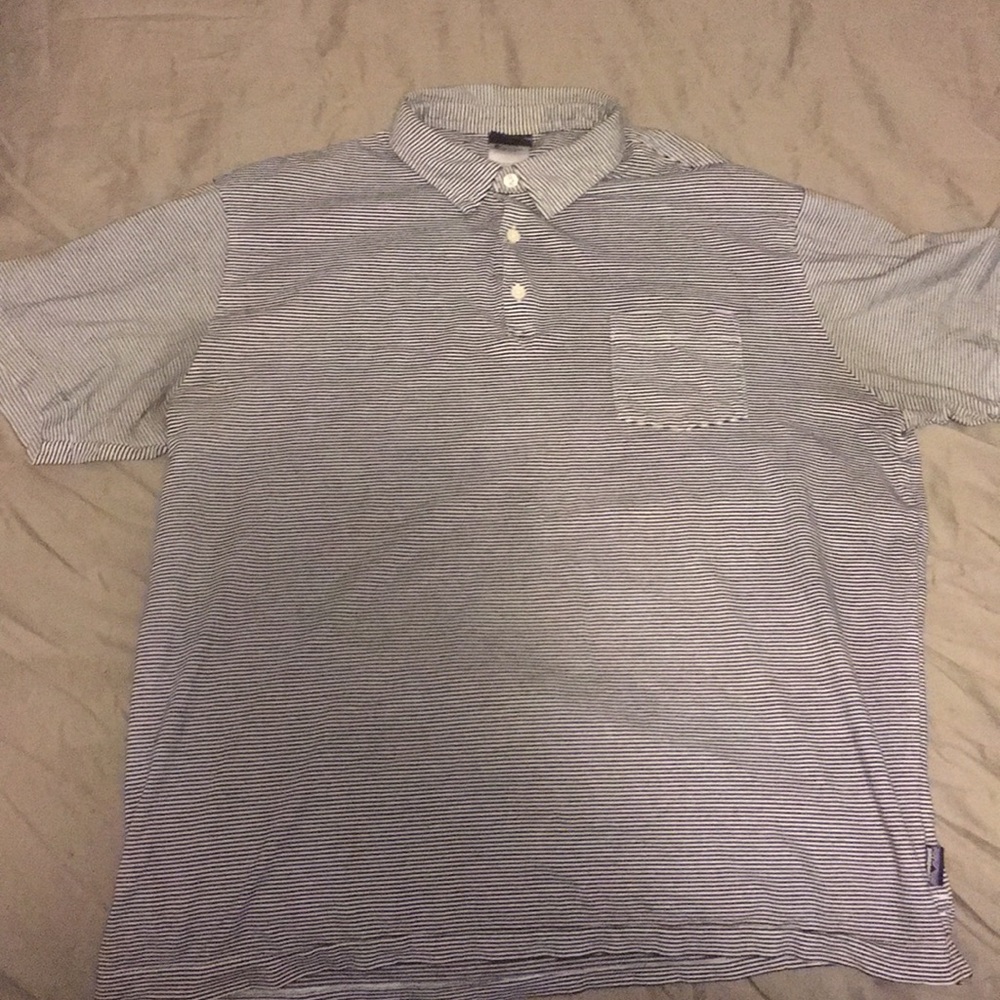 Patagonia collared shirt black and white stripes.